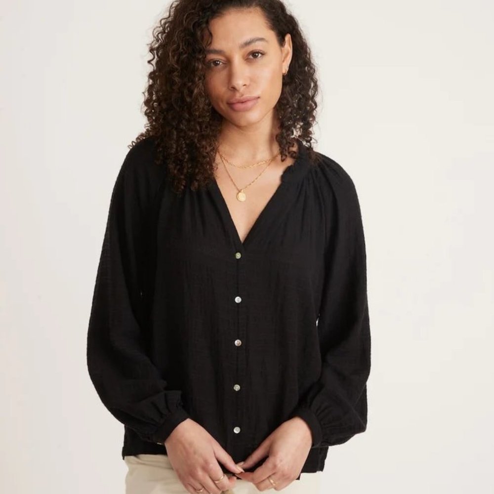 NWT Marine Layer Nixi Collarless Blouse Long Sleeve Button Black Cotton